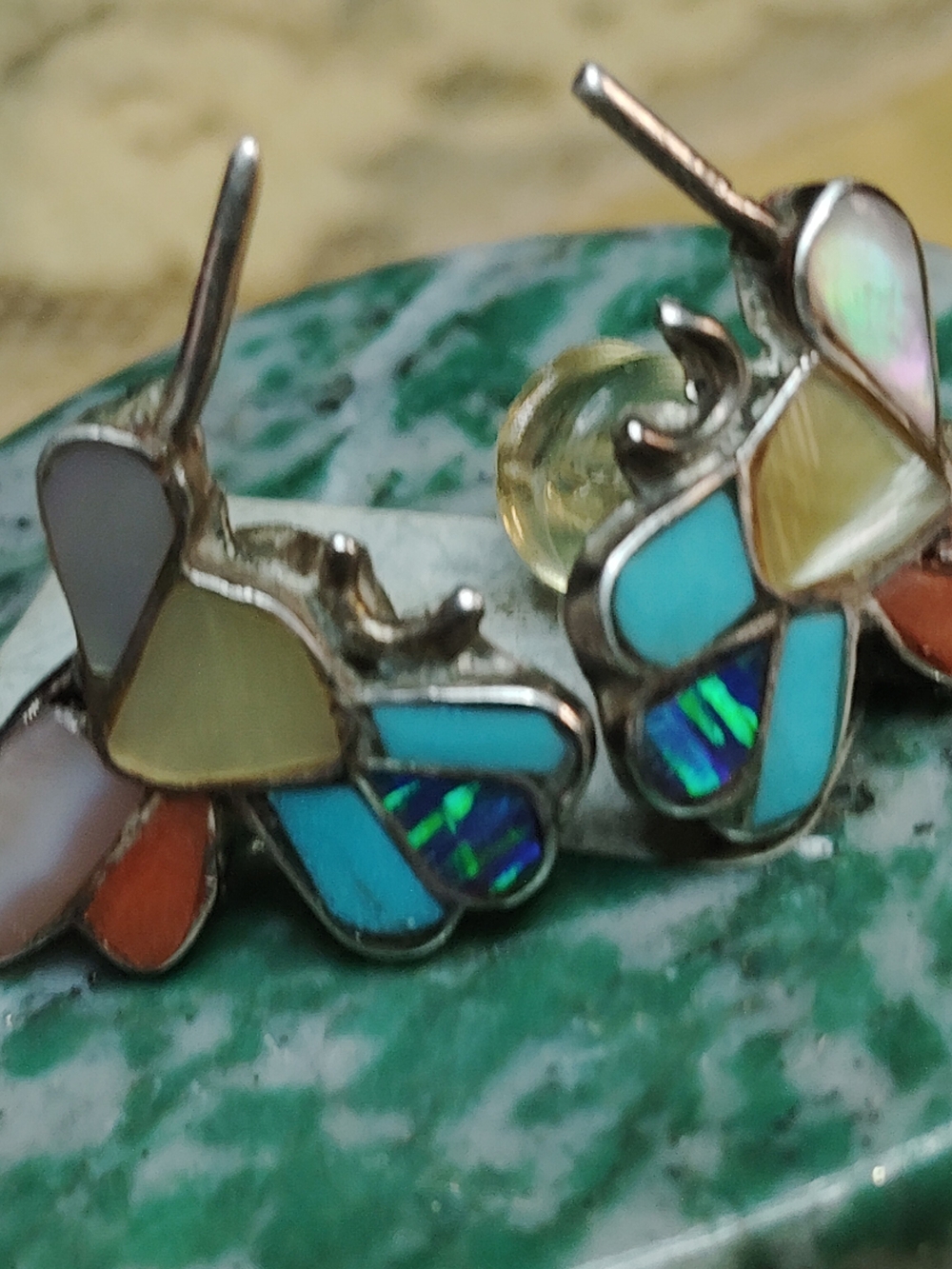 TURQUOISE AND CORAL HUMMBIRD INLAY STUD EARRINGS. STERLING, HYPOALLERGENIC- 1"-L